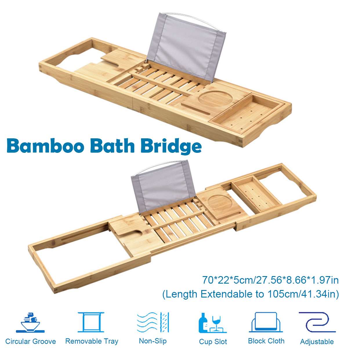 105cm Bathroom Bamboo Bath Bathtub Shelf Bridge Tub Caddy Tray Rack Retractable Wine Glass Book Holder Bathtub Rack Support