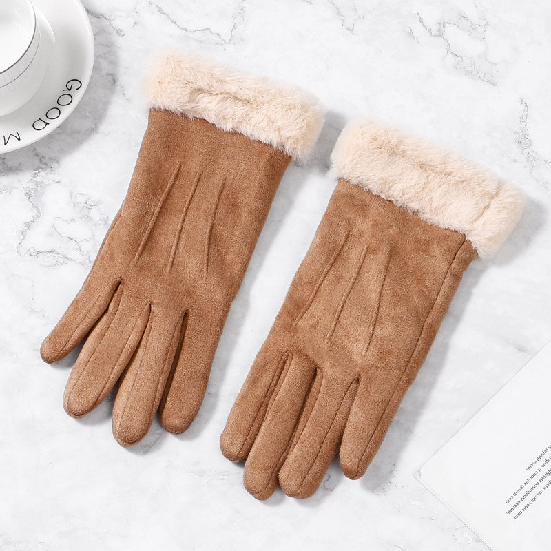 Femmes gants hiver écran tactile femme daim fourrure complet doigt gants dame hiver Sport de plein air conduite femmes gants: Marron