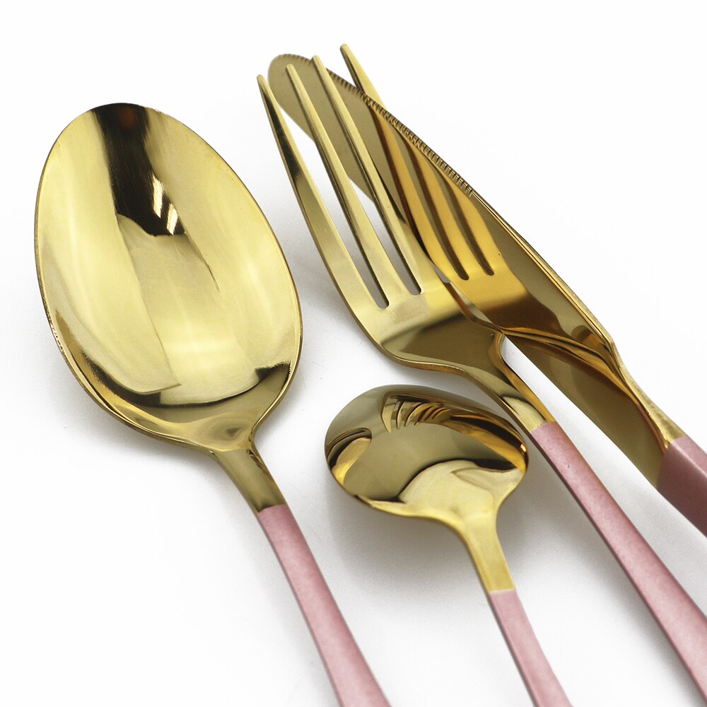 6pcs Dinnerware Pink Handle Gold Flatware Set 304 Stainless Steel Cutlery Set Dinner Knife Fork Spoon Hotel Tableware set