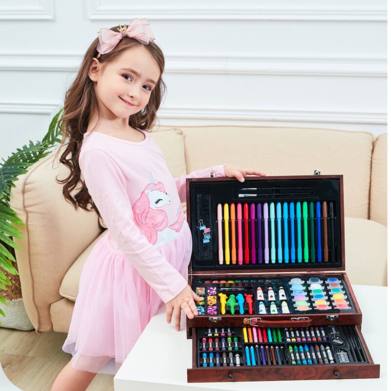 123pc Wooden Box Paintbrush Children Drawing Art Set Crayon Students Drawing Watercolor Pen Set