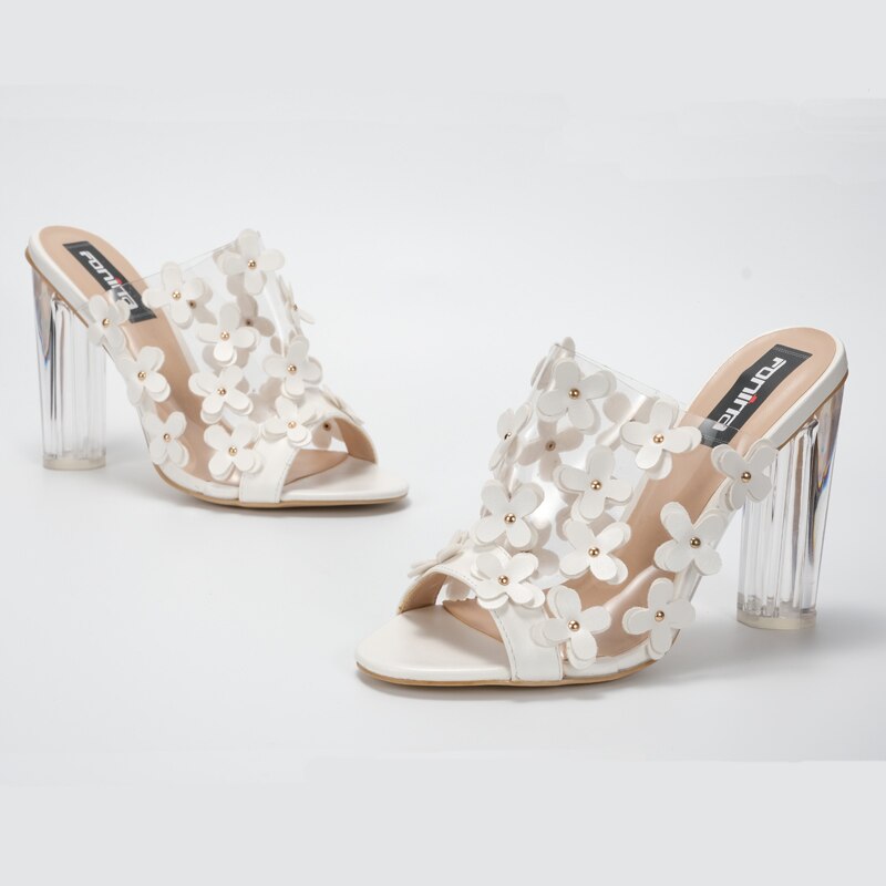 Nieuwe transparante sandalen met hoge hak en kleine bloem voor dames, doorzichtige sandalen, open teen zomerslippers 560