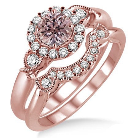 Huitan luxo 2pc conjunto de anel de noivado rosa ouro cor flor em forma coupe anel conjunto com deslumbrante minúsculo cz pavimentado casamento 2pc anel
