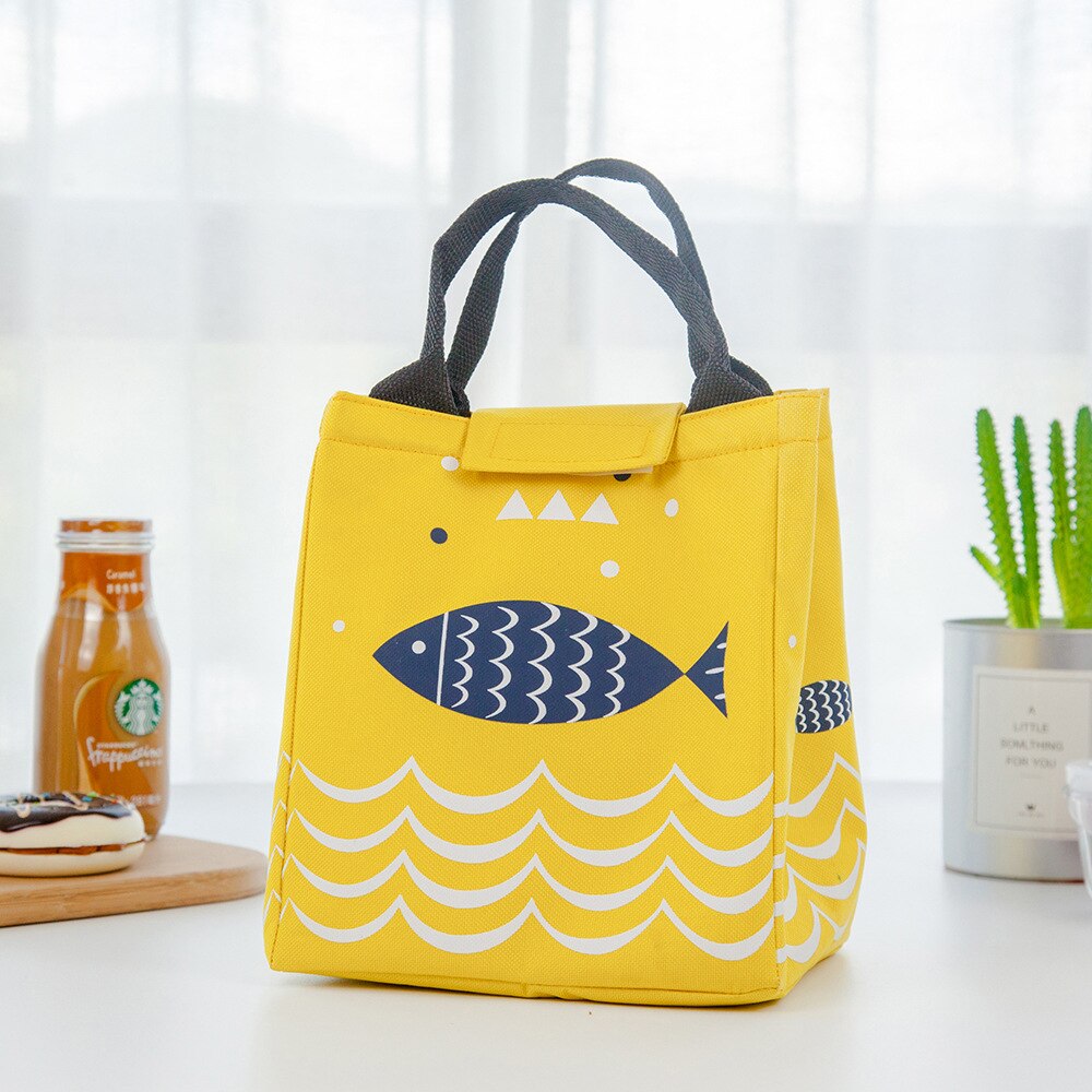 Ad alta Capacità Impermeabile Del Fumetto Sveglio Portatile Pranzo Al Sacco Isolato Termica Cibo Picnic Tote Bag Per Le Donne I Bambini della Scuola: Fish-Yellow