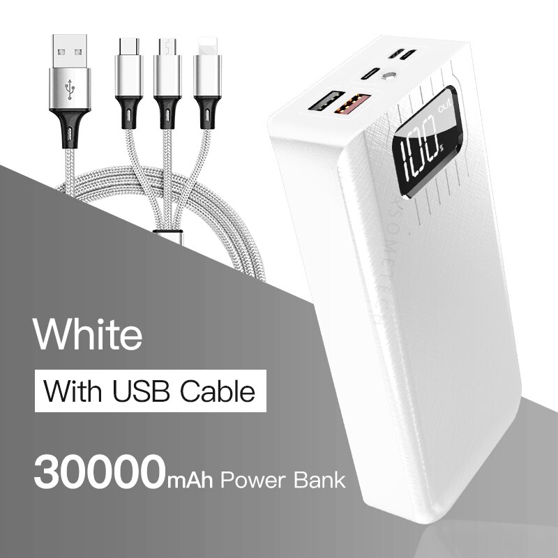 2USB Led Power Bank 30000Mah Draagbare Opladen Poverbank Pack Charge Externe Batterij Powerbank Voor Iphone Xiaomi Samsung Huawei: White With Cable