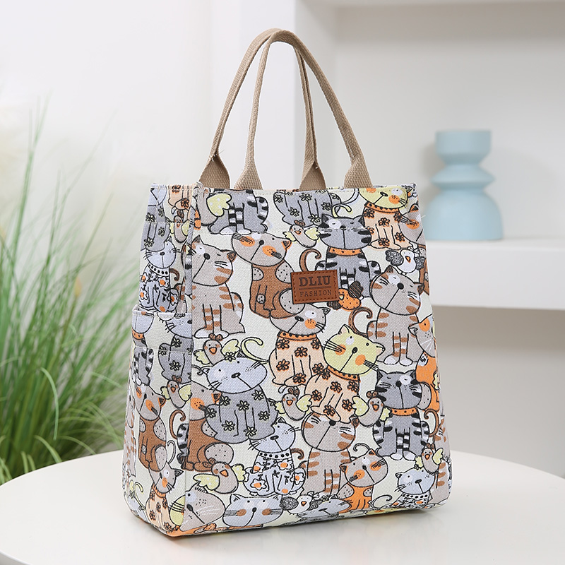 Bolsa de almuerzo con estampado de dibujos animados, bolsa Bento de lona portátil, bolso informal para mujer y bolso de mano para escuela, oficina, picnic: Blanco