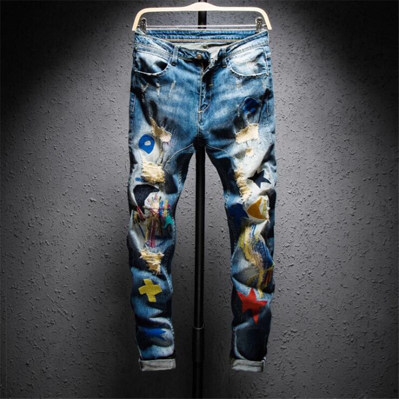 Mænds farvet patchwork flået jeans trendy patch broderi stretch denim bukser slanke lige bukser