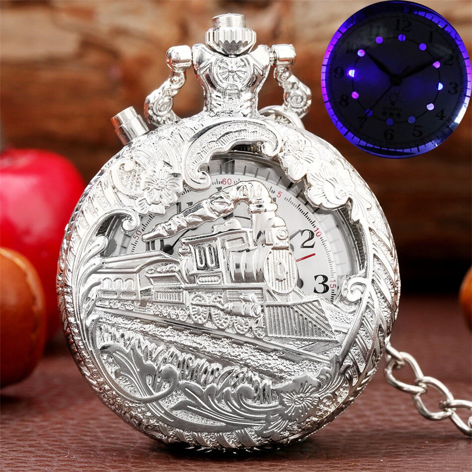 Steampunk tåg led display kvarts fickur antika hängande klocka fob kedja fickur män kvinnor: Silver-