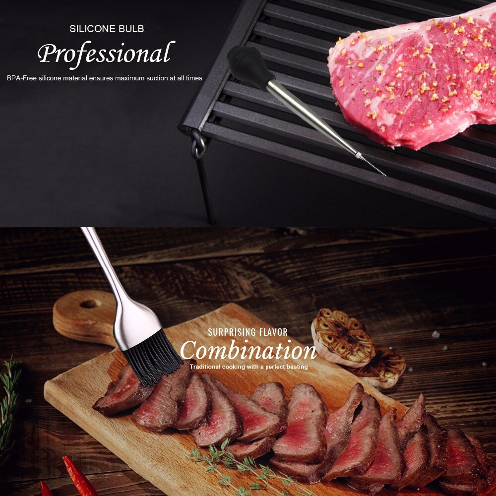Rustfrit stål kylling kalkun baster kød sprøjte marinade injektor inklusive nål og ekstra børste bbq køkken vurderinger