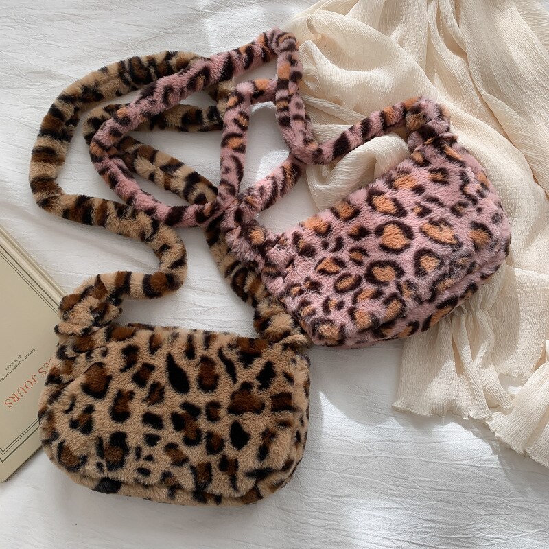 Leopard Print Crossbody Bags For Women Autumn Winter Plush Soft Shoulder Messenger Bags Ladies Fluffy Handbag And Purse