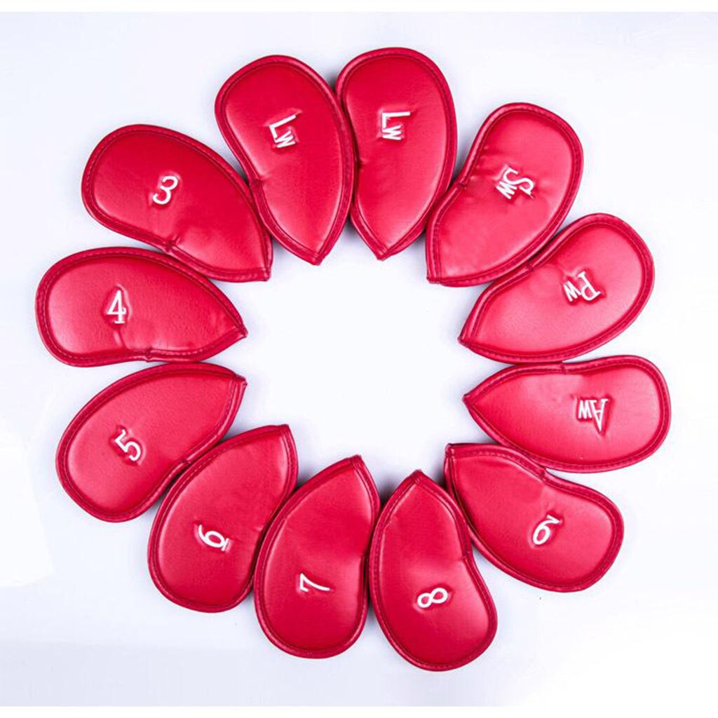 12 stuks / set golfclubs ijzeren paalkop hoedhoes pu leren golf beschermhoes golfaccessoires: Rood