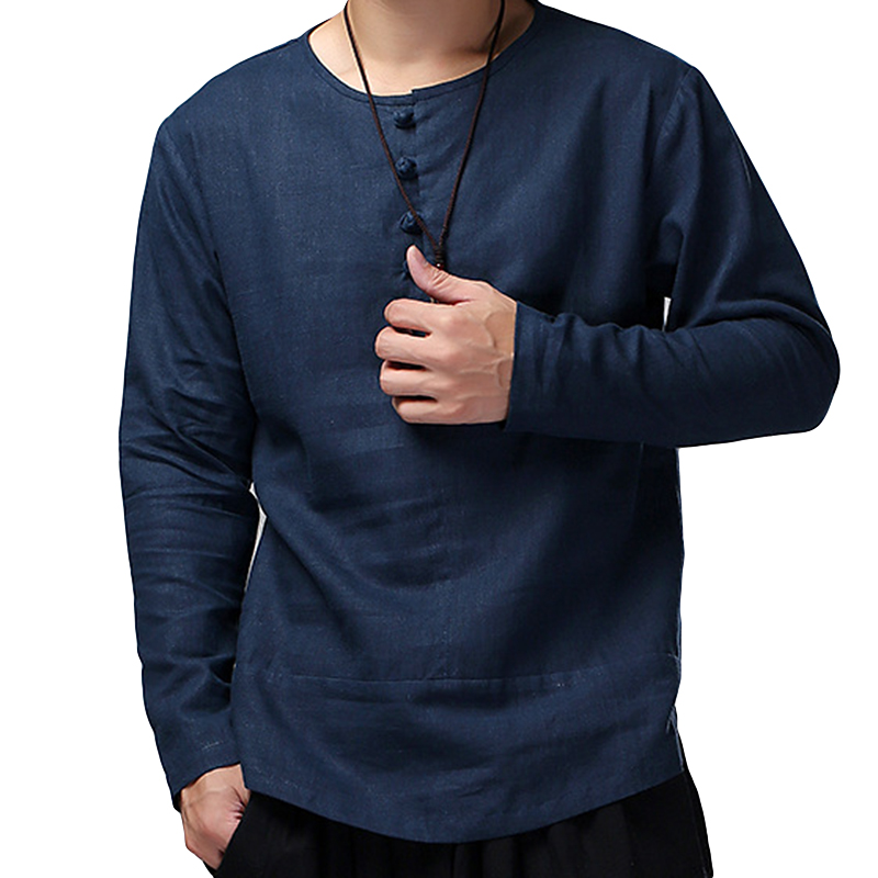 Fritidsskjortor herr bomullslinne långärmad enfärgad vit skjorta med rund hals camisa masculina herrkläder: Marin / Xxxl
