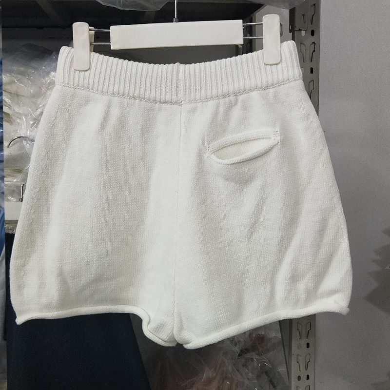 Short tricoté pour femmes, pantalon, taille haute, couleur unie, grande taille: Beige / M