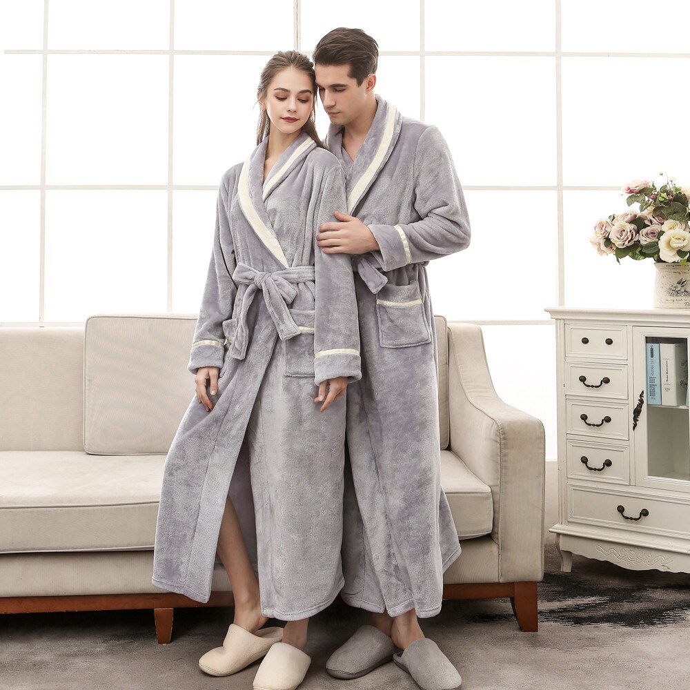 Winter Couples Pajamas Women's Winter Lengthened Bathrobe Splicing Home Clothes Long Sleeved Robe Coat Bath Robe