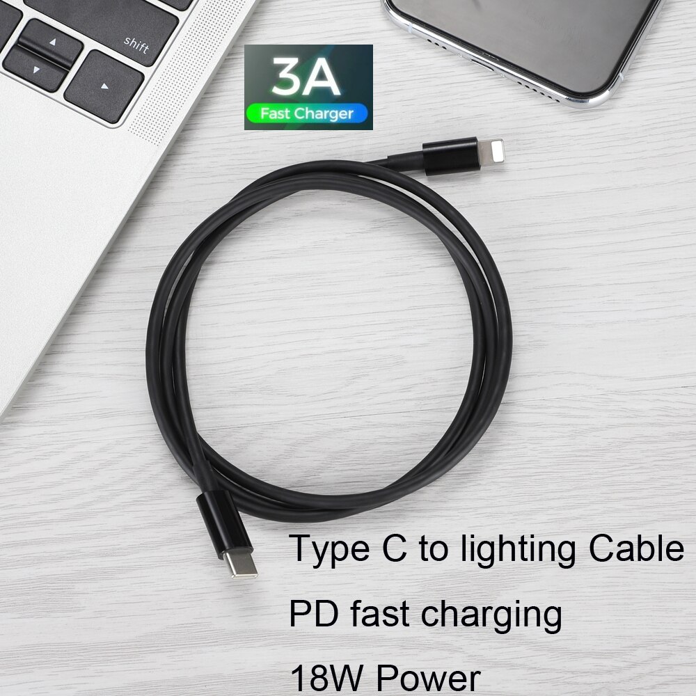 Câble rond USB 18W PD de Type C à 8 broches pour recharge rapide et synchronisation des données, cordon de chargeur pour iPhone X, 10, 8, 8 plus, 1m