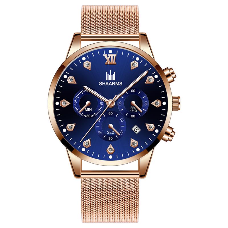 SHAARMS Men's Wristwatch Blue DialCasual Quartz Watch Stainless Steel Mesh Band Watch Date Clock Reloj Hombre: Rose Gold Blue
