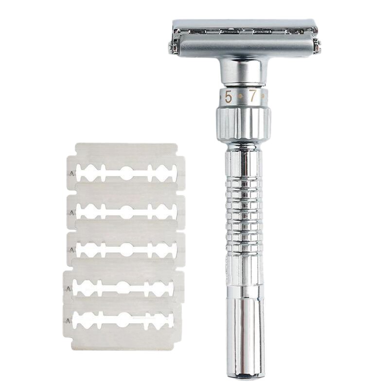 Navaja de afeitar con mango clásico, navaja con doble filo, con apertura trenzada en forma de T, ajuste frontal de 9 velocidades, Unisex, de 5 hojas