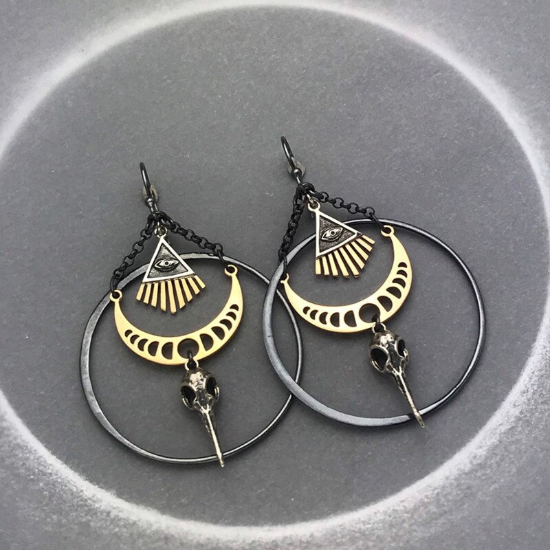 Exaggerated Moon Crow Skull Earrings Stars and Moon Bohemian Healing Celestial Witchy Metaphysical Jewelry