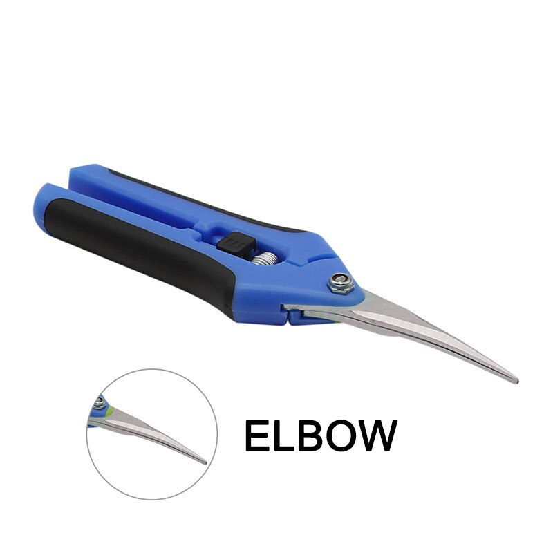 Herramienta de poda de hoja recta/codo, herramienta de arbusto para horticultura de plantas, cortadora de hojas, tijera, podadora de jardín, fruta, huerto de flores: Elbow blue