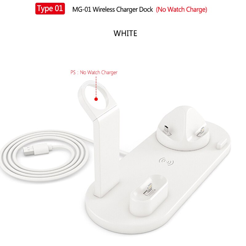 6-in-1 10W wireless charger base for Apple Watch Airpods multifunctional wireless charging station for iPhone11 Pro Max: Type 1 Dock White