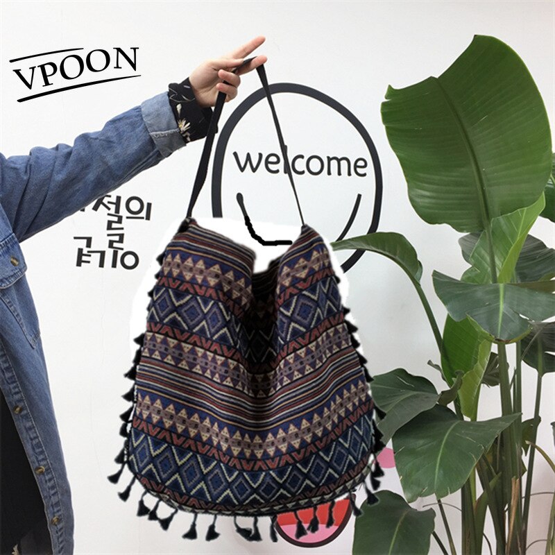 Vintage Chinese Nationale Stijl Etnische Schoudertassen Boho Kwastje Hippie Tote Messenger Katoen Linnen Zak Cadeaus Voor Dames