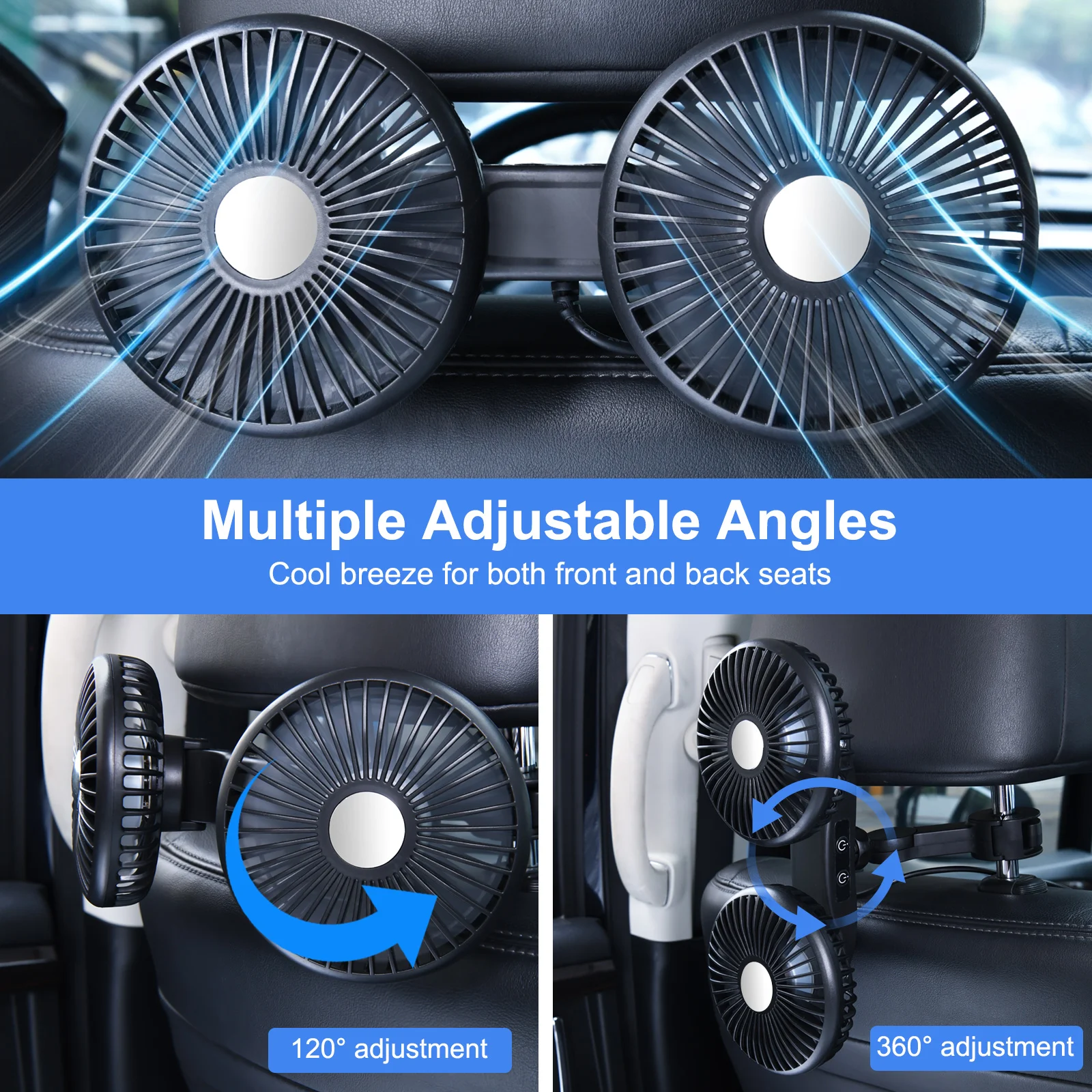 Eary Dual Head Fan Car Backseat Cooling Fan Summer Car Accessories 360° Rotation Cooler Car USB Charge Air Condition Cold Fans