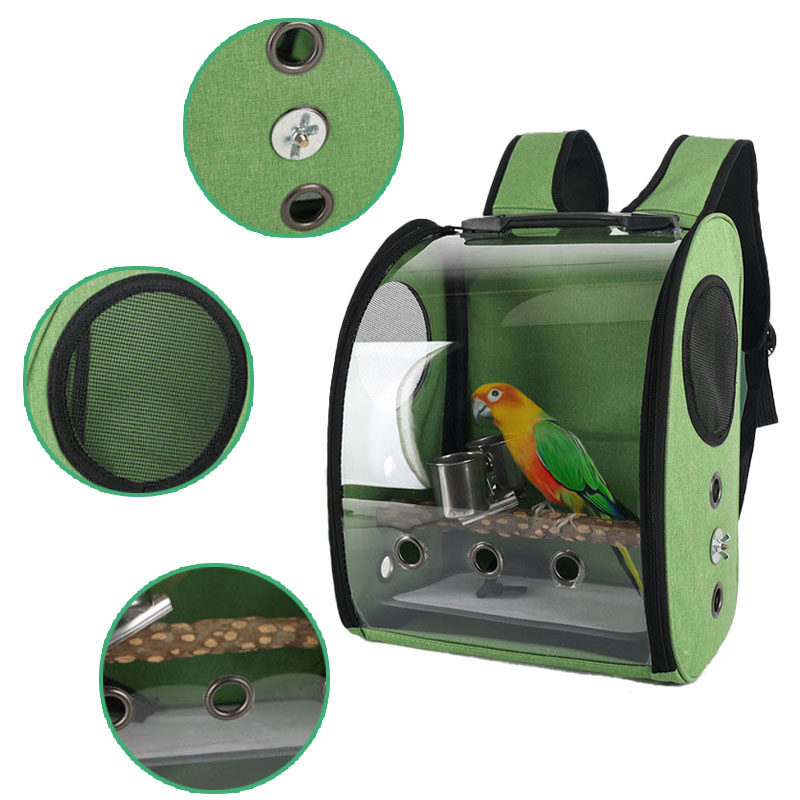 Mochila transpirable para pajaros y loros, bolsa ligera de viaje al aire libre para mascotas, soporte de cinturón lateral duro con taza de comida y pájaros