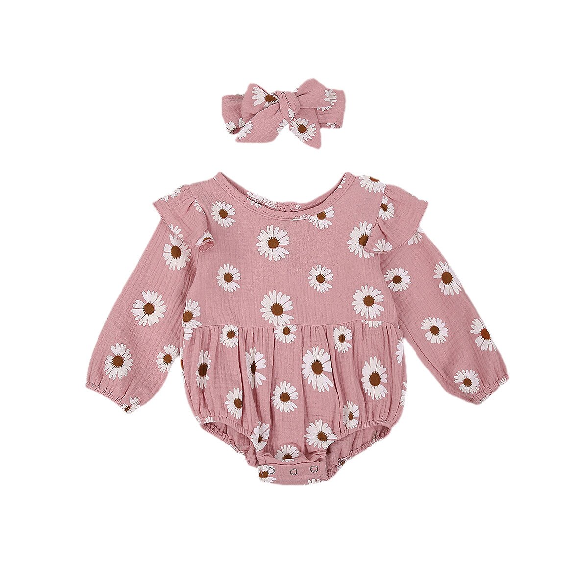 2Stck Baby Herbst Outfits, Gänseblümchen Blumen Druck Oansatz Lange-Ärmeln Strampler + Bogen Haarband für Kleinkinder, mädchen, 0-2 Jahre: 1 / 12m