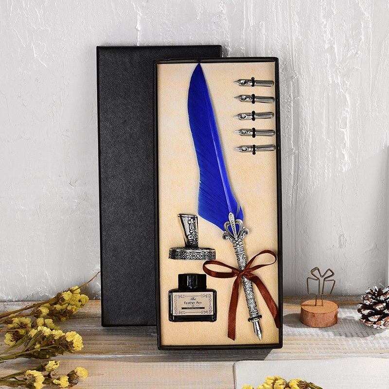 Retro veer dip pen schrijfinktset schrijfwarendoos met 5 pennenpunten bruiloft veer vulpen moederdag