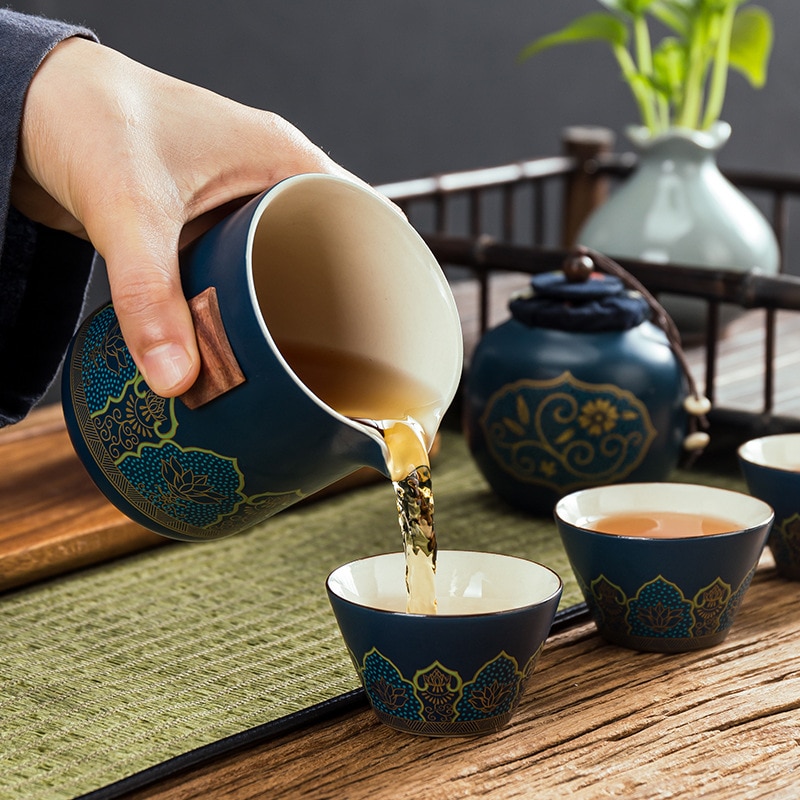 Kinesisk kung fu teset keramisk bärbar tekanna set utomhus resor gaiwan te koppar te ceremoni tekopp drinkware fin