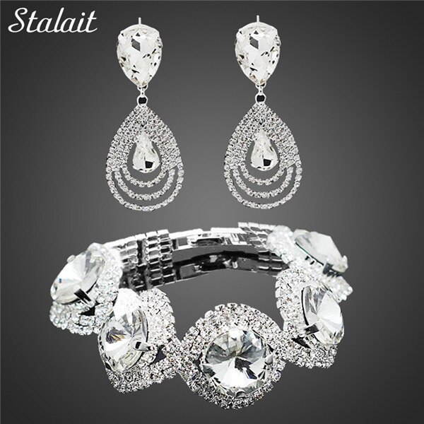 Wedding Bridal Jewelry Sets For Women Rhinestone Austrian Crystal Jewelry Set Bracelet Earrings Set Indian Accessories: white