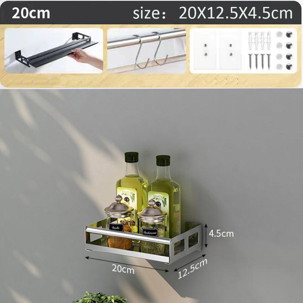 Kitchen Organizer Wall Mount Bracket Wall Storage Rack Spice Jar Rack Cabinet Shelf Kitchen Gadget Supplies Bathroom Rack: Silver20cm