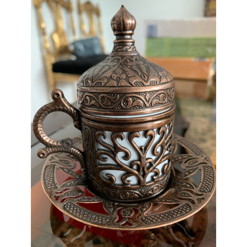 Authentic Patterned Copper Coffee Cup Sets Porcelain Espresso Traditional Turkish Handmade Luxury Antique Model Souvenirs