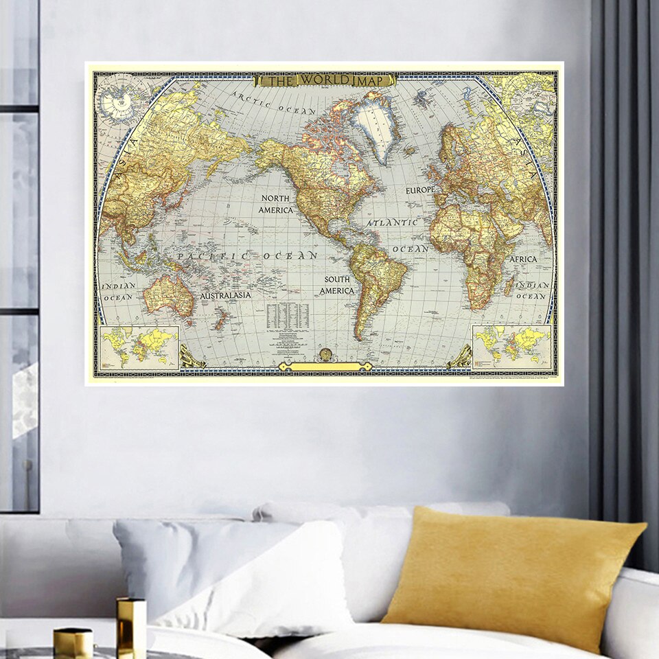 Mapa mundi vintage 1943 cm x 225 cm, arte para parede, pôster, pintura em tecido não tecido, decoração para sala de estar, casa, escritório, material escolar