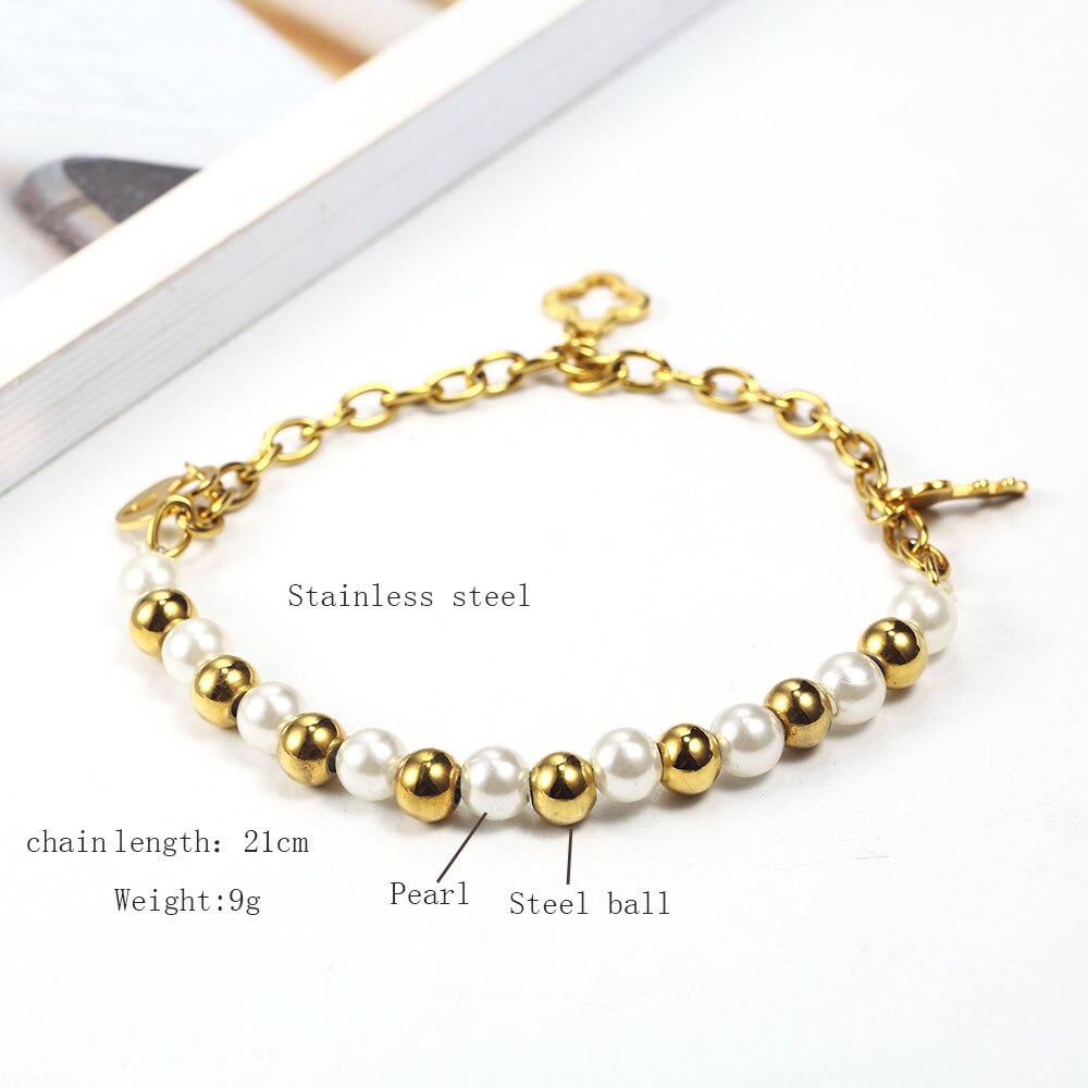 OUFEI, pulsera con dijes, accesorios de joyería, joyería de acero inoxidable para mujer, , pulsera de bolas de acero perlado, brazaletes para mujer