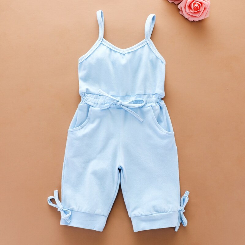 One-piece Solid Color Sleeveless Jumpsuit For Little Girls Jumpsuit T-shirt Bib Shorts 2-7 Years Old: Sky Blue / 100