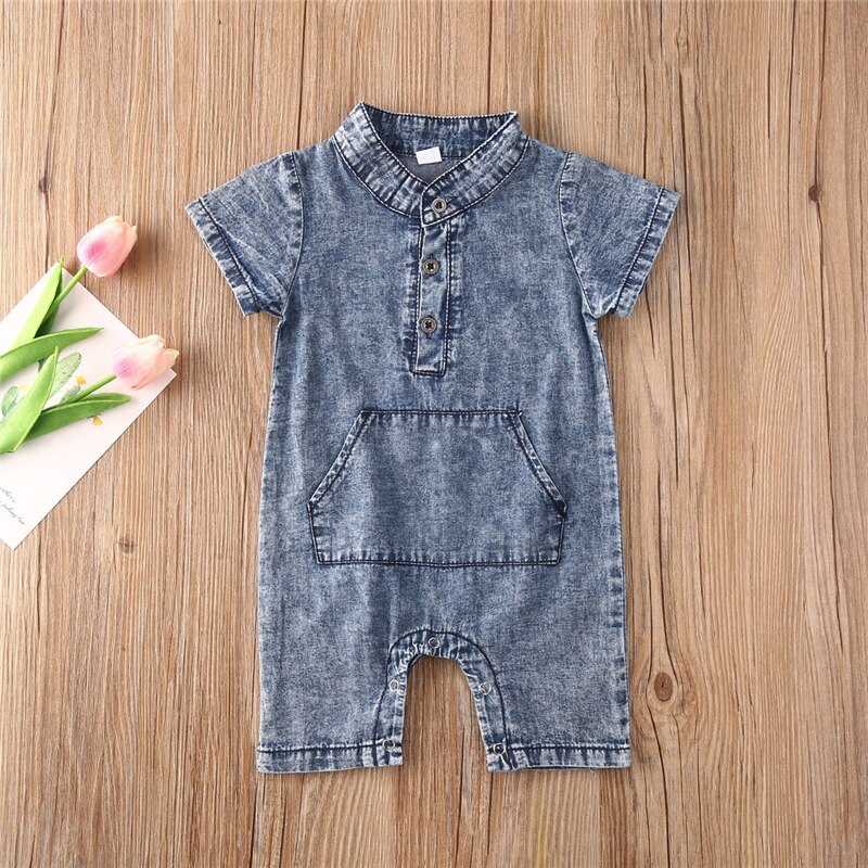 Pasgeboren baby jongens zomerkleding 0-18m casual korte mouwen denim romper jumpsuit outfits zonnepak