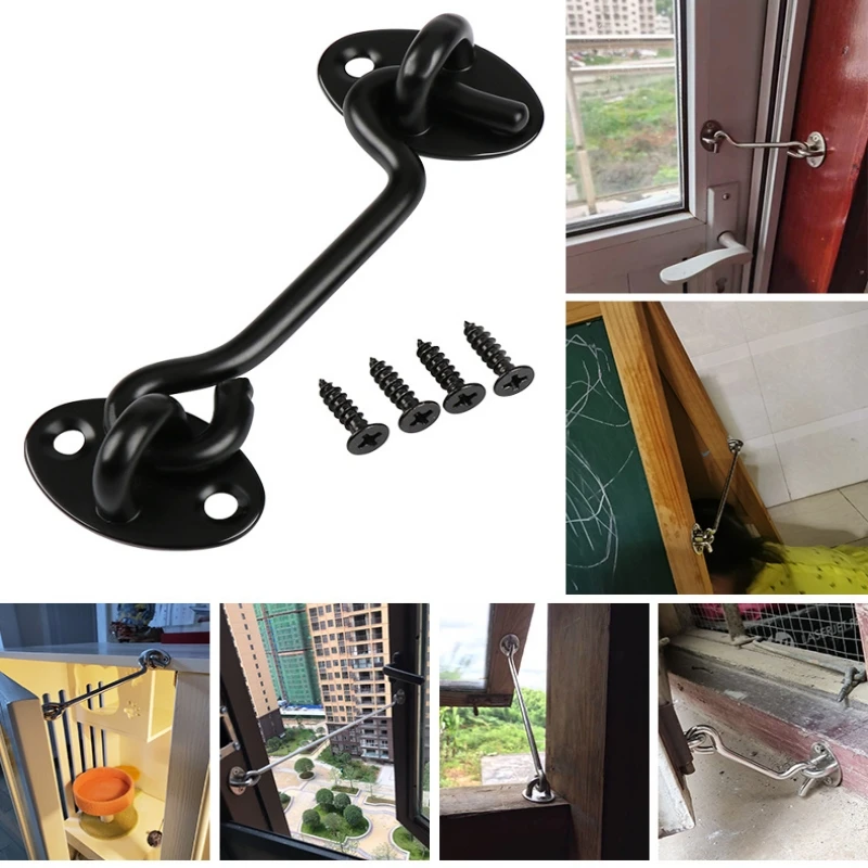 Crochet de fenêtre de porte, serrure de fenêtre en acier inoxydable noir avec interrupteur de sécurité, crochet de fenêtre de cabine, loquet de porte, support de capture avec vis