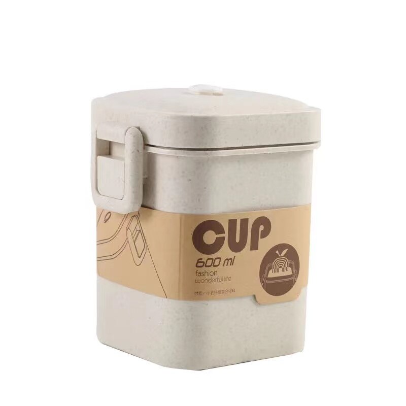 Vetehalm mikrovågsugn snabbnudelskål med lock sovsal japansk stil kontorsarbetare student ramen skål handtag servisset: 1- beige  b  600ml