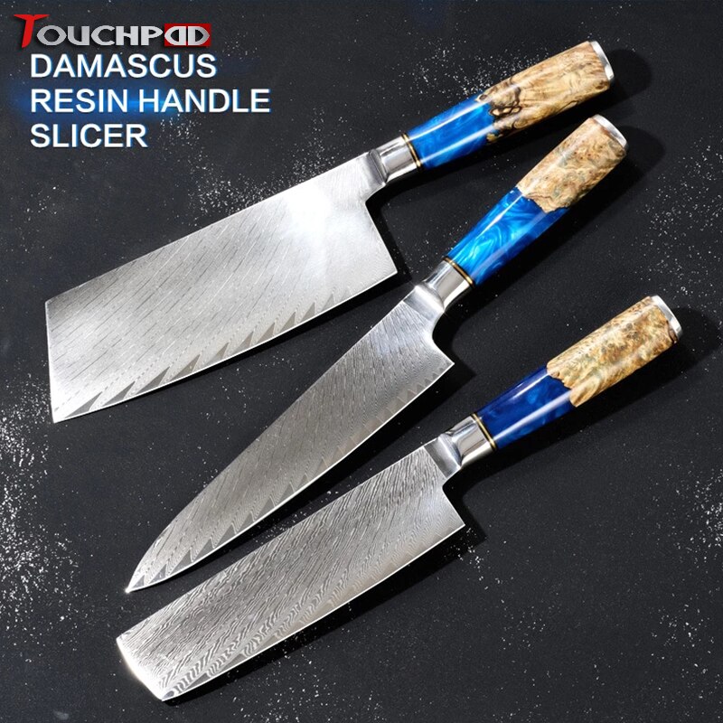 Kitchen Knives-Set Damascus Steel Chef Knife Cleaver Paring Slicing Knife Santoku Knife Blue Resin and Color Wood Handle 1-4set