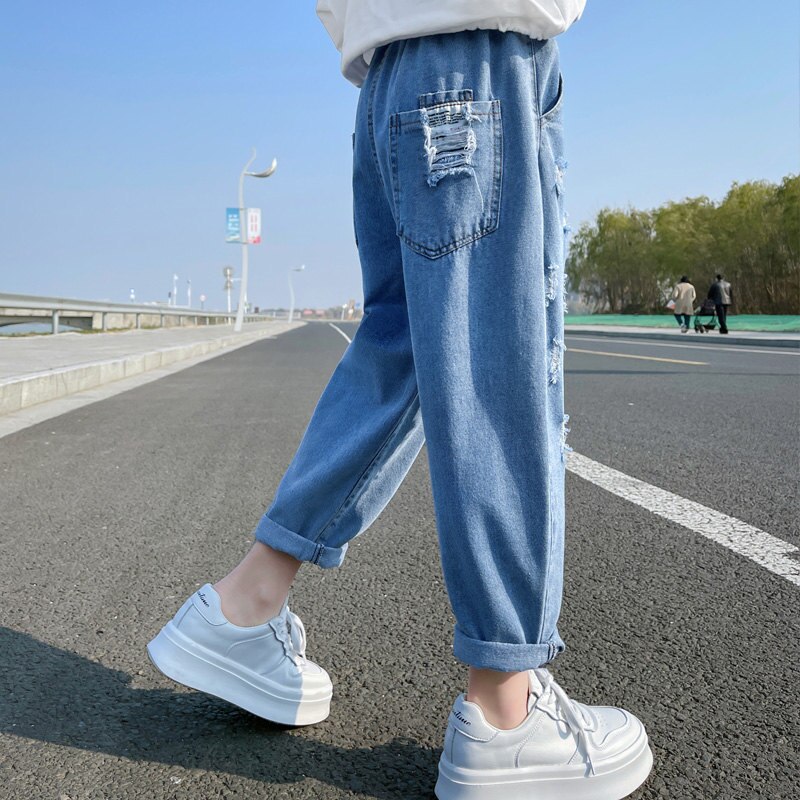 Nova moda crianças jeans rasgado para meninas adolescentes caber primavera outono calças de brim do bebê menina cintura elástica calças de brim criança calças casuais