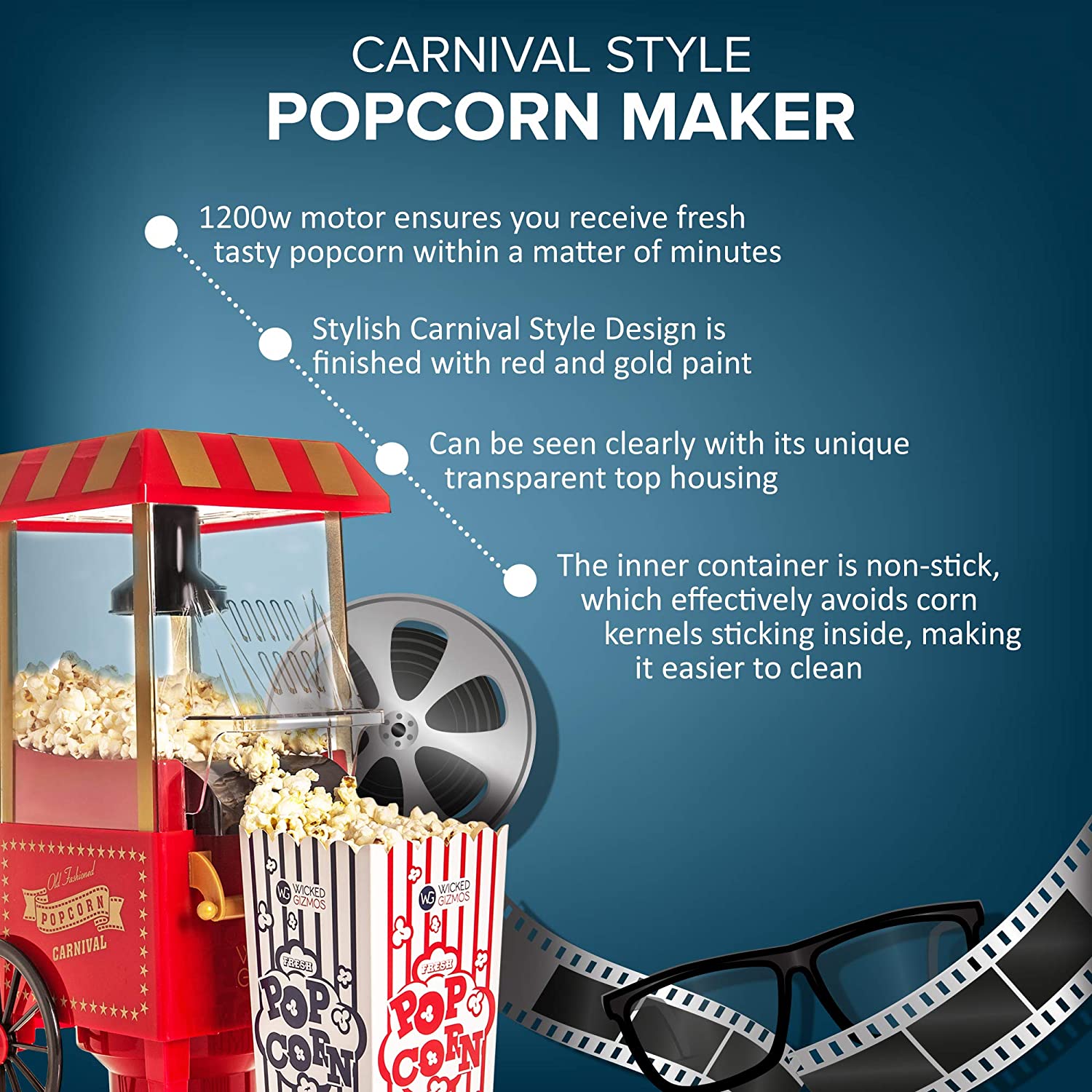 Red Electric 1200W Carnival Fairground Healthy Popcorn Maker - With 6 Serving Boxes and Measuring Scoop