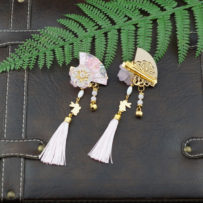 1 Pair Chinese Style Girls Handmade Fan-shaped Hair Clips With Tassels Kids Hair Accessories