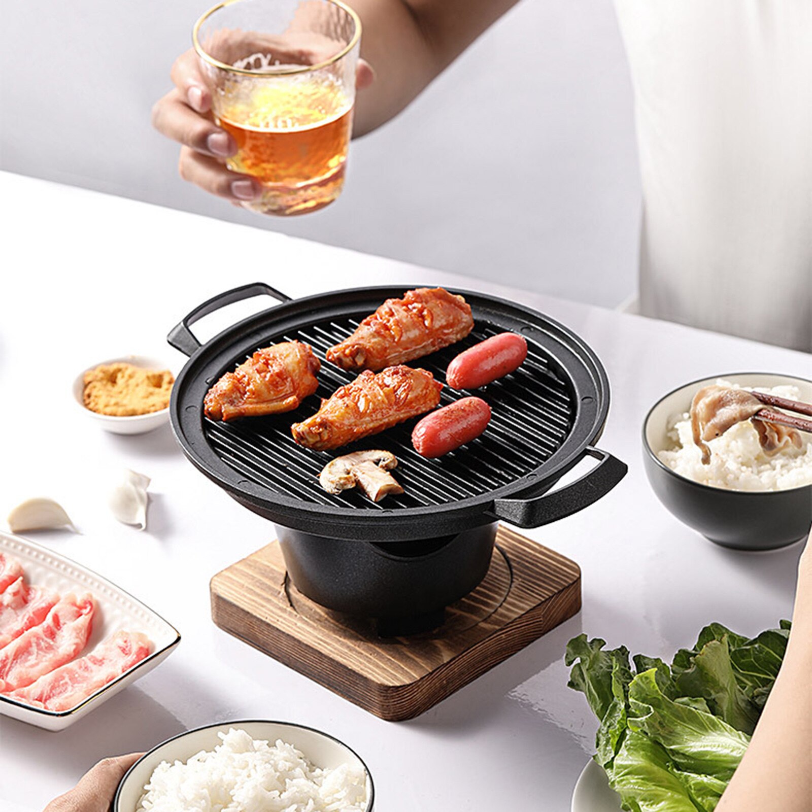 Yakiniku Mini BBQ Grill w/ Wood Base Tabletop Alcohol Stove Household Barbecue Grill Plate Hibachi Grill Pot