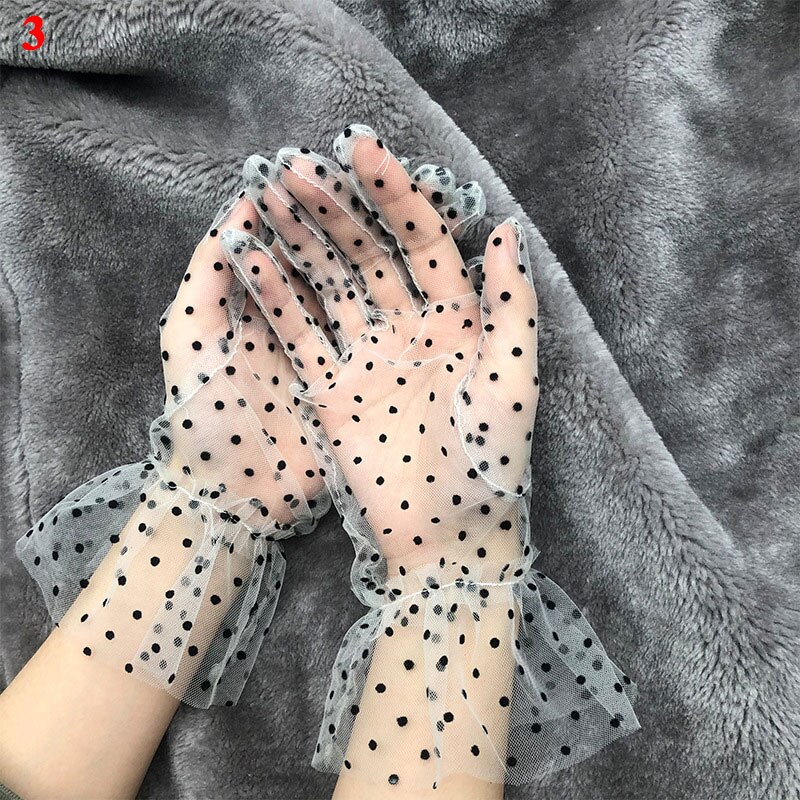 Gants en Tulle à pois noirs, 1 paire, en dentelle, maille, gaze, Ultra fins, transparents, pour fête, robe complète, mitaines: 3