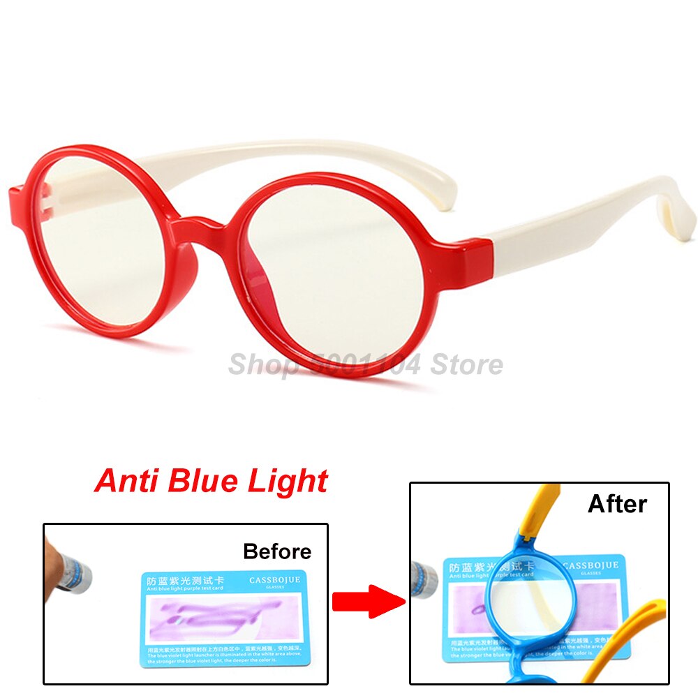 Børn anti blå lys brille ramme børn  tr90 silikone optiske briller dreng pige fleksible runde briller beskyttende: Rød hvid