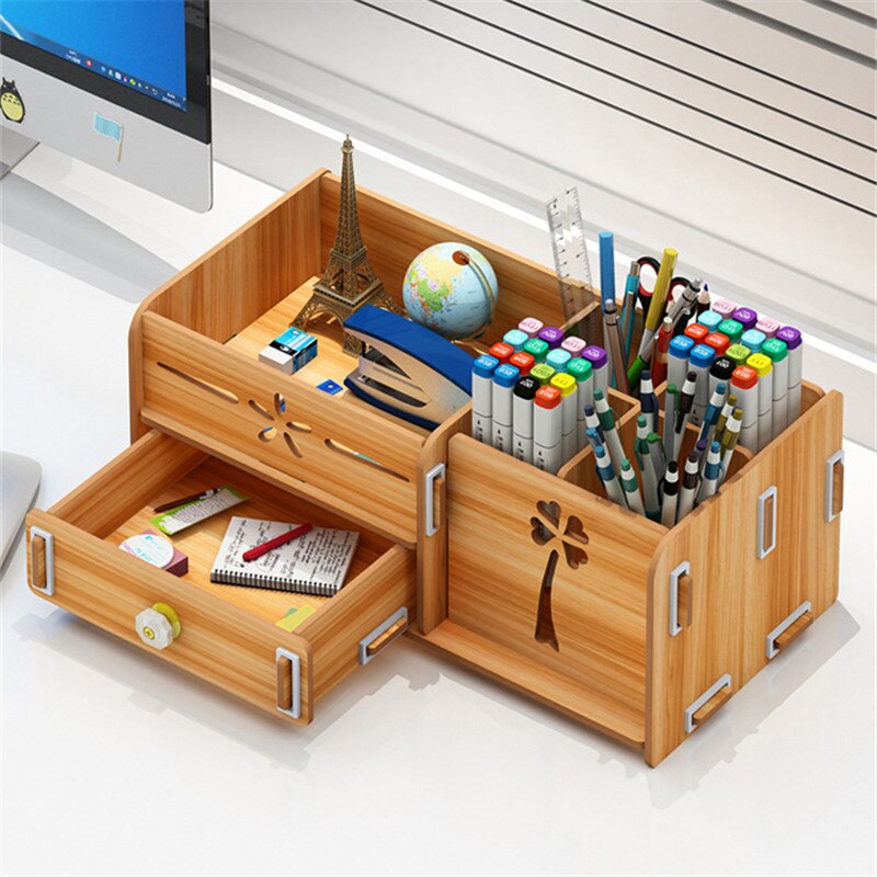 Ayane Pen pencil holder Receiving Box Desktop Learning Penholder Office desk organizer storage rack supplies wood: A brown