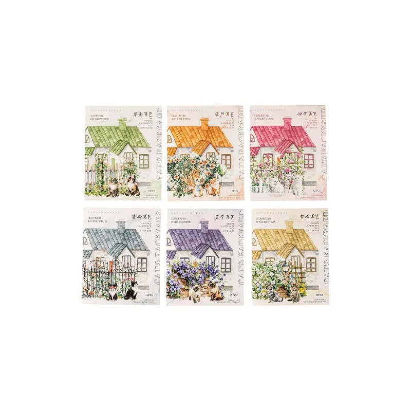 Paquet de 15 autocollants en PET chat violet dans l'arrière-cour, fournitures de clôture, aménagement paysager, clôture solaire chaude, papeterie Scrapbook 152x107mm