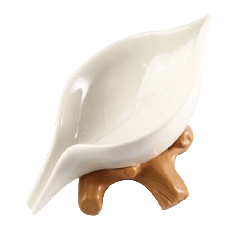 Jabonera creativa con hojas de cerámica para el hogar, soporte de drenaje nórdico para el baño, contenedor de jabón para la cola: white