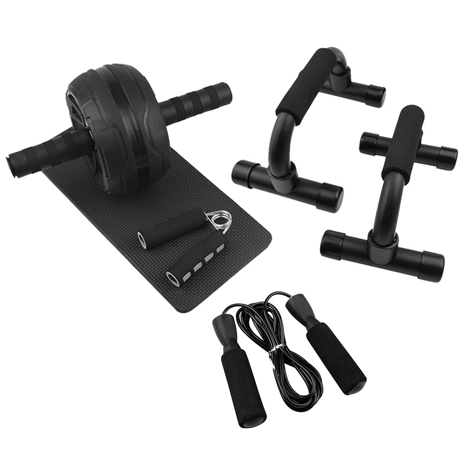 AB Wheel Roller Kit Abdominal Wheel Set with Push-Up Bar Jump Rope Hand Gripper and Knee Pad Home Gym Workout Equipment: Black 6pcs