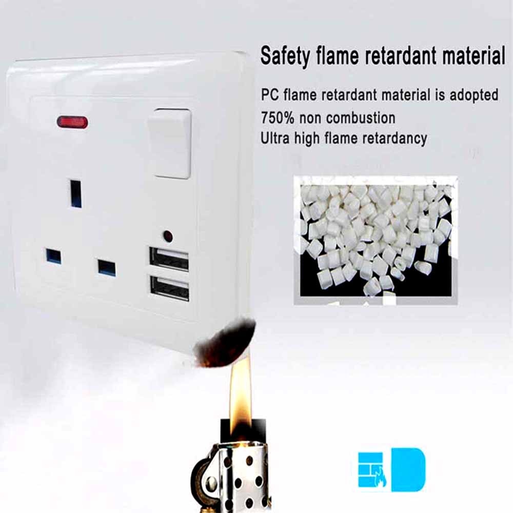 1PC Single 13A 1 Gang Switched Mains Plug Socket with 2.1A 2x FAST USB Ports White